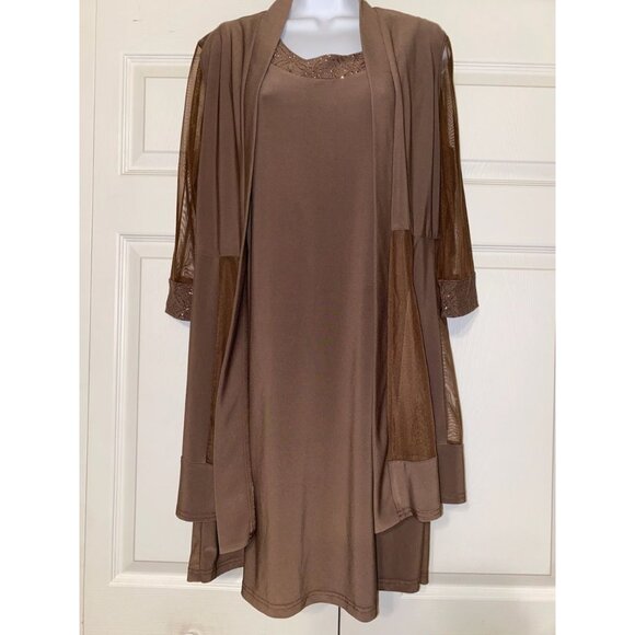 Elegant Brown Sleeveless Dress With Matching Sheer Jacket Embellished Neckline W - Picture 5 of 9